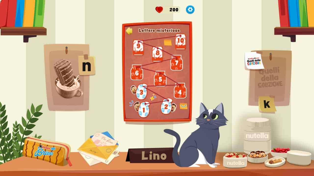 Mappa dei livelli di Lettere Misteriose, il word game di Quelli della Colazione, con barattoli di Nutella e uova Kinder numerati e il gatto Lino come mascotte.