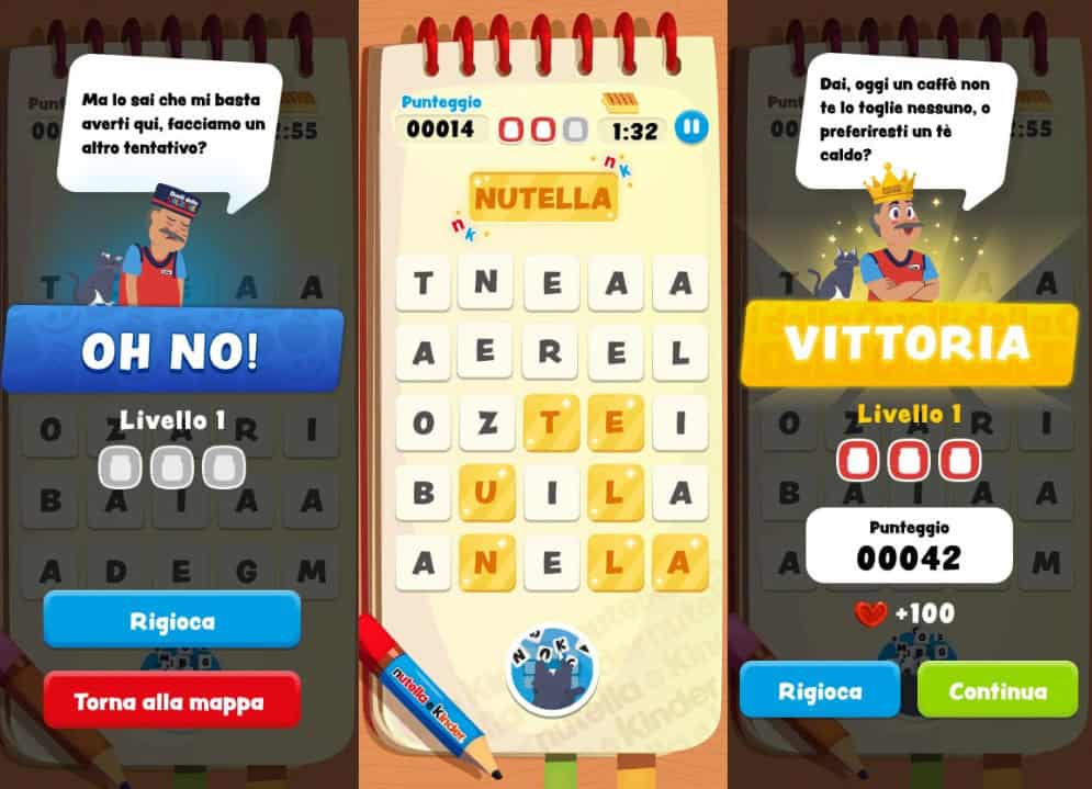 Schermate di gioco de Il Custode delle Parole: la griglia con le lettere da collegare, la schermata di vittoria con punteggio e premi, e quella di sconfitta con l'invito a riprovare.