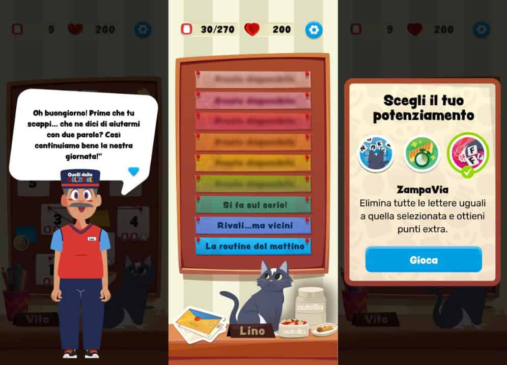 Schermate del gioco Il Custode delle Parole: il personaggio Vito che introduce la sessione di gioco, il menù di selezione dei livelli con il gatto Lino, e la schermata di scelta del potenziamento ZampaVia.