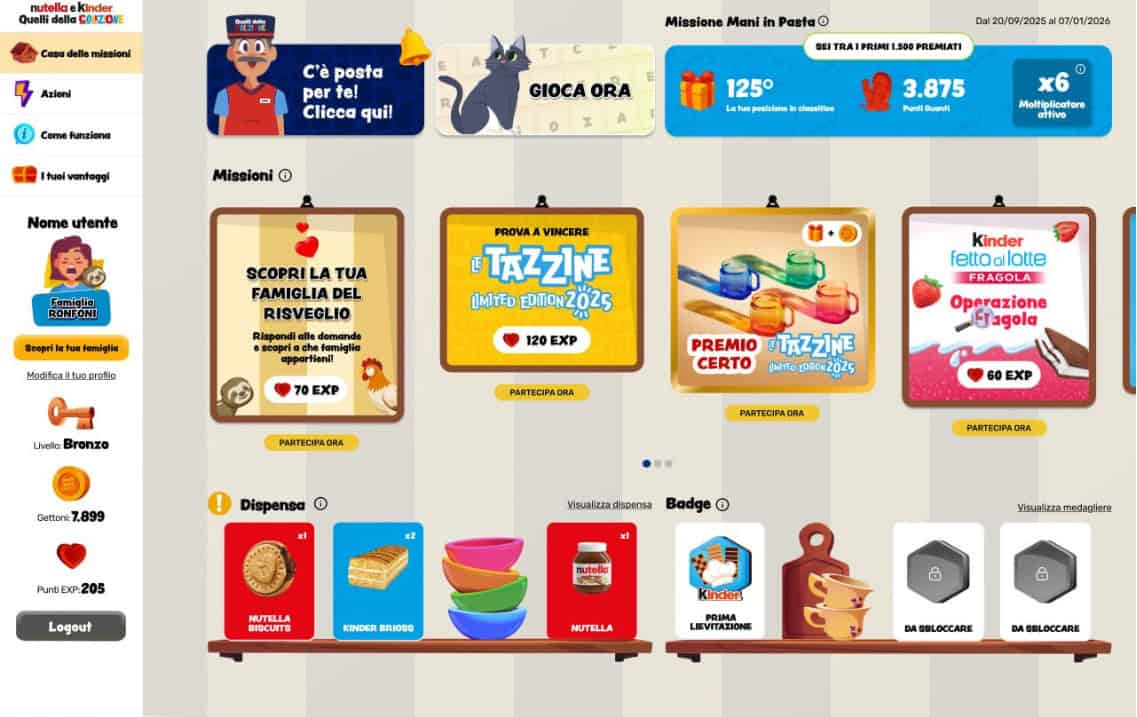 Dashboard della piattaforma Quelli della Colazione con il profilo utente, le missioni attive, la classifica della Missione Mani in Pasta, la dispensa con i premi collezionati e il medagliere dei badge.