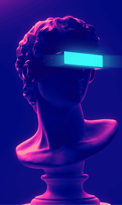 Scultura classica con visore di realtà virtuale, simbolo dell'integrazione tra arte e tecnologia da parte di GameThinkers.