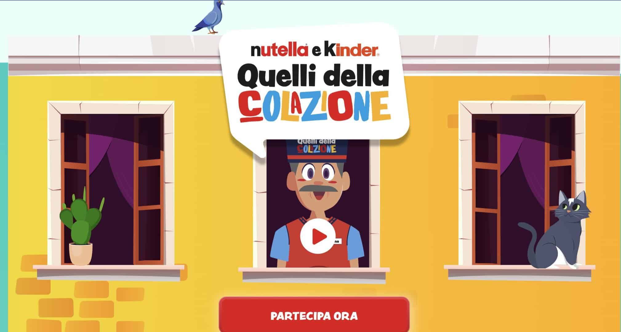 Schermata di benvenuto di Quelli della Colazione: il personaggio Vito affacciato a una finestra con il logo Nutella e Kinder, il gatto Lino e il pulsante "Partecipa ora".